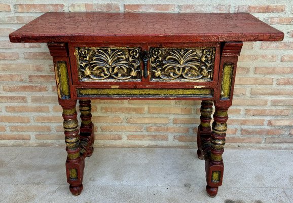 Red Lacquered Console Table with Gilt Accents and Carved Apron, 1940s-NOU-2034027