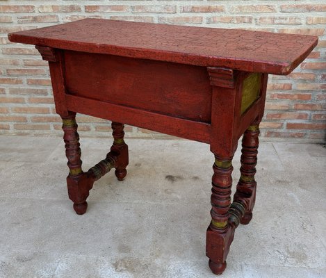 Red Lacquered Console Table with Gilt Accents and Carved Apron, 1940s-NOU-2034027