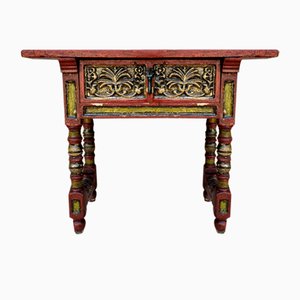 Red Lacquered Console Table with Gilt Accents and Carved Apron, 1940s-NOU-2034027