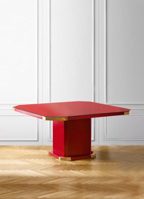 Red Lacquered Hexagonal Dining Table with Brass Details and Molato Crystal Shelf, Italy, 1980s-MNF-1704601