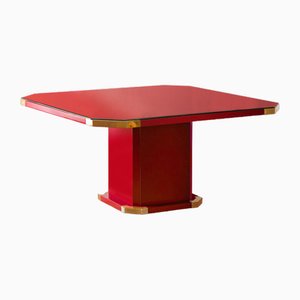 Red Lacquered Hexagonal Dining Table with Brass Details and Molato Crystal Shelf, Italy, 1980s-MNF-1704601