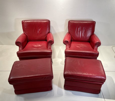 Red Leather Armchairs with Ottomans, 1960s, Set of 4-NJJ-958970