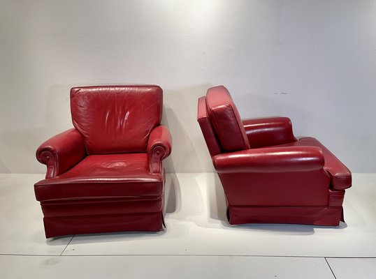 Red Leather Armchairs with Ottomans, 1960s, Set of 4-NJJ-958970