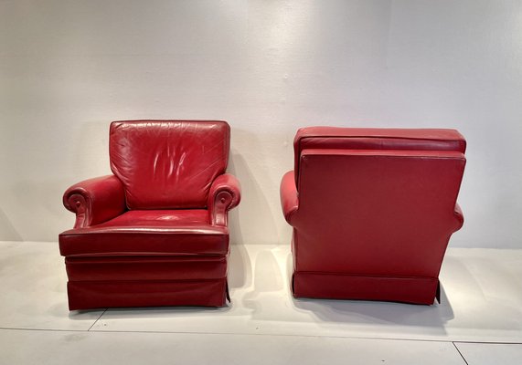 Red Leather Armchairs with Ottomans, 1960s, Set of 4-NJJ-958970