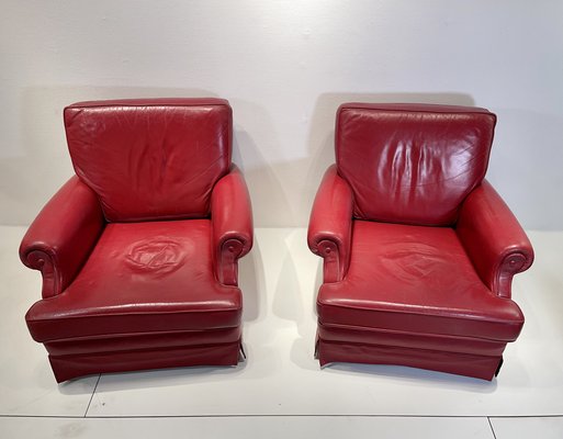 Red Leather Armchairs with Ottomans, 1960s, Set of 4-NJJ-958970