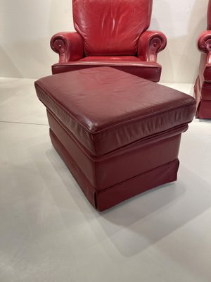 Red Leather Armchairs with Ottomans, 1960s, Set of 4-NJJ-958970