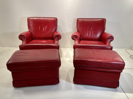 Red Leather Armchairs with Ottomans, 1960s, Set of 4-NJJ-958970