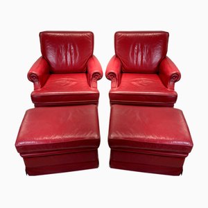 Red Leather Armchairs with Ottomans, 1960s, Set of 4-NJJ-958970