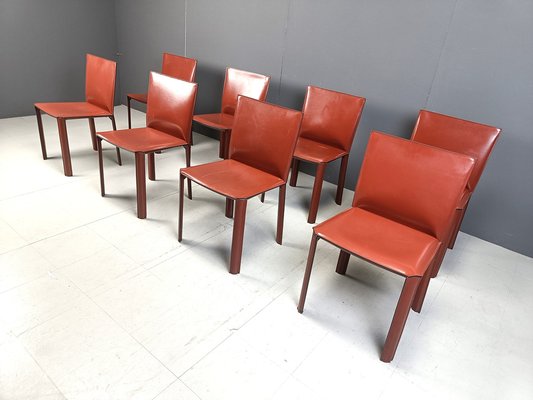 Red Leather Dining Chairs by De Couro Brazil, 1980s, Set of 8-IRH-2043122