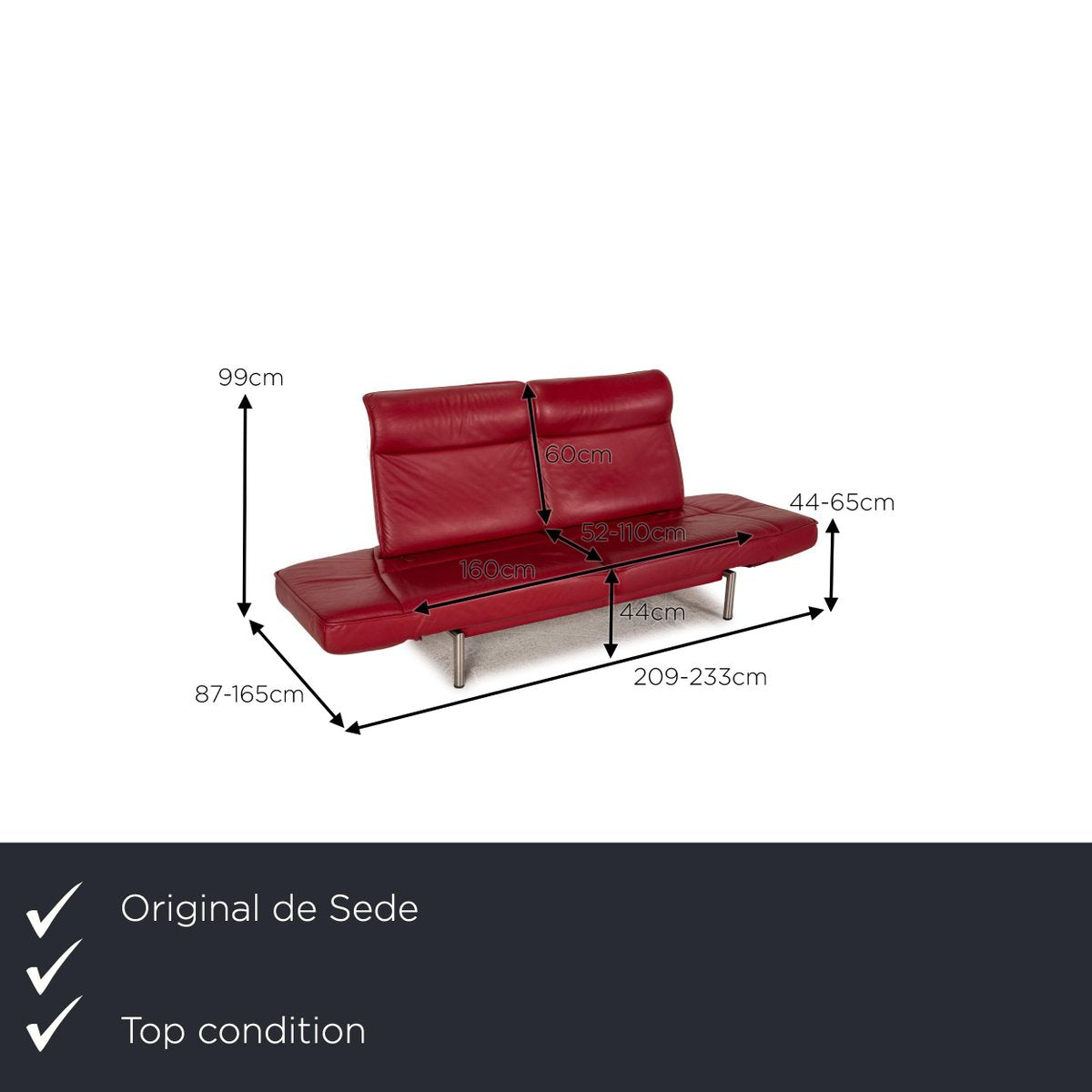 Red Leather Ds 450 Two-Seater Couch with Relax Function from de Sede