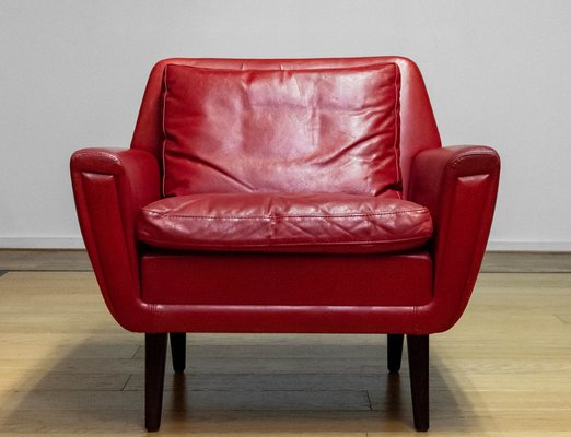 Red Leather Lounge Chair, Denmark, 1960s-JE-1775461