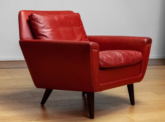 Red Leather Lounge Chair, Denmark, 1960s-JE-1775461