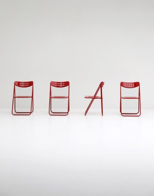 Red Metal Folding Chairs, 1980s, Set of 4-CF-1238817