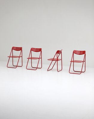 Red Metal Folding Chairs, 1980s, Set of 4-CF-1238817