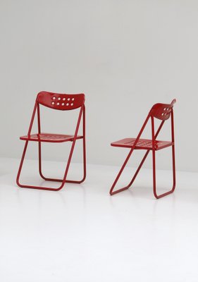 Red Metal Folding Chairs, 1980s, Set of 4-CF-1238817