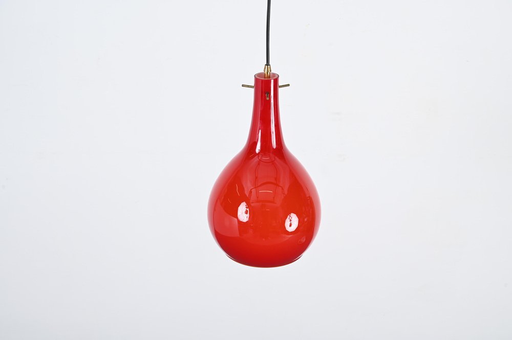 Red Murano Cased Glass and Brass Pendant from Stilnovo, 1950s