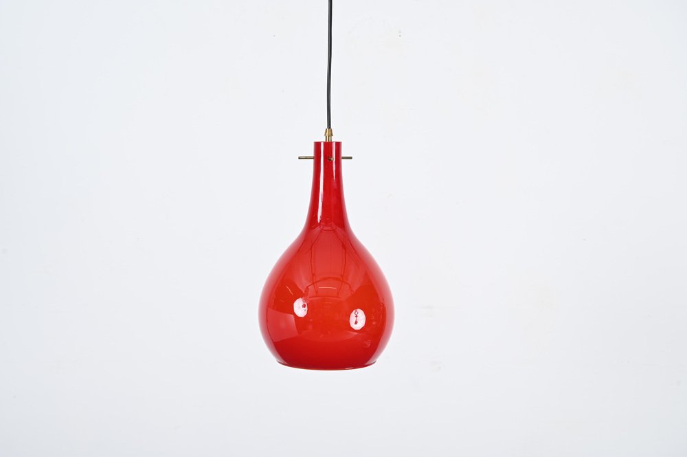 Red Murano Cased Glass and Brass Pendant from Stilnovo, 1950s