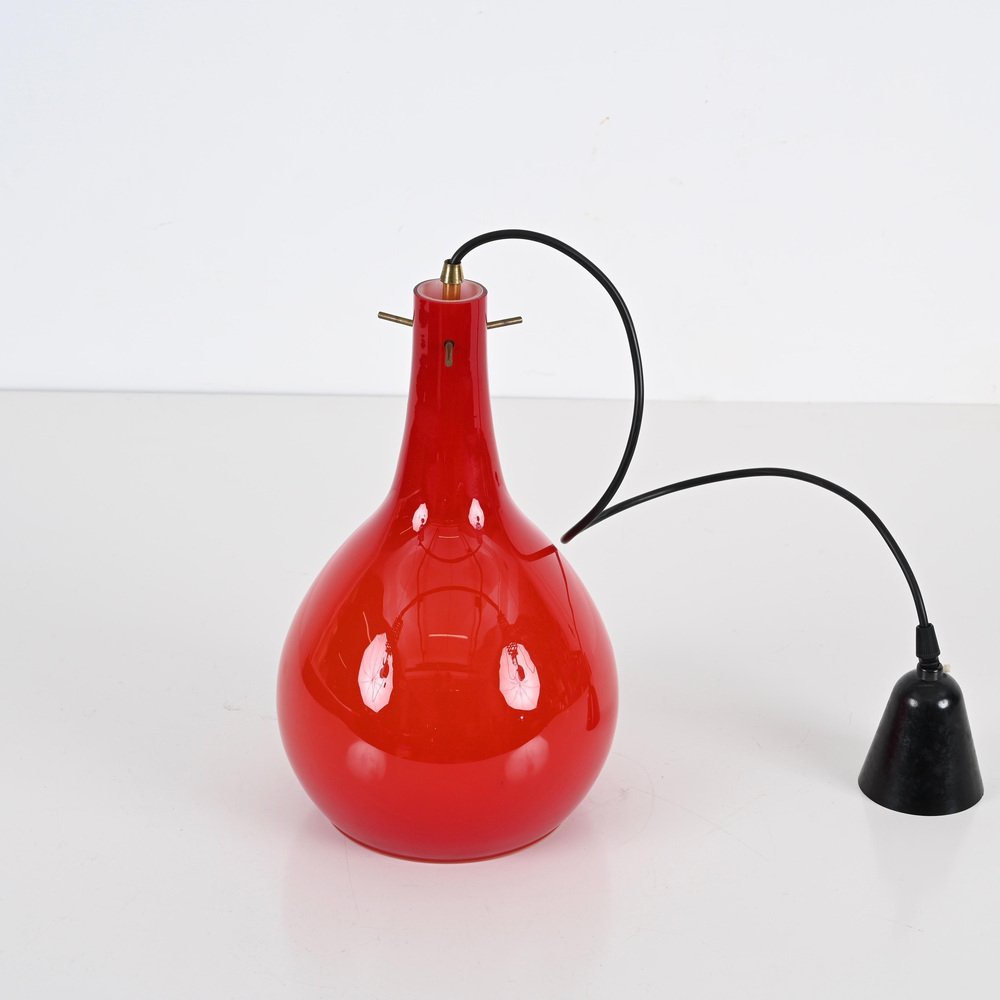 Red Murano Cased Glass and Brass Pendant from Stilnovo, 1950s