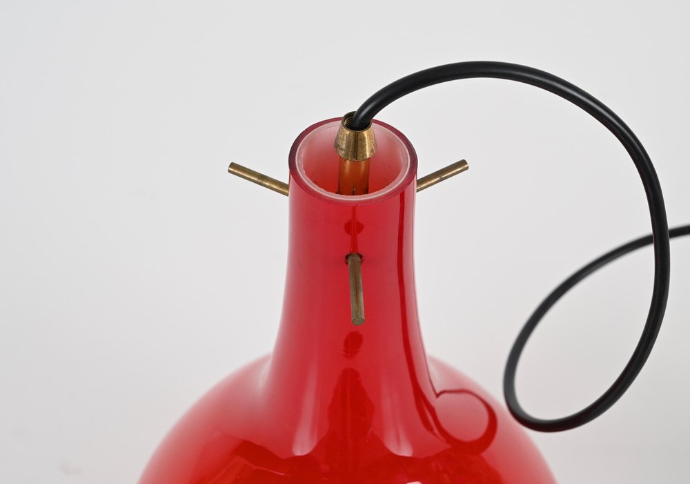 Red Murano Cased Glass and Brass Pendant from Stilnovo, 1950s