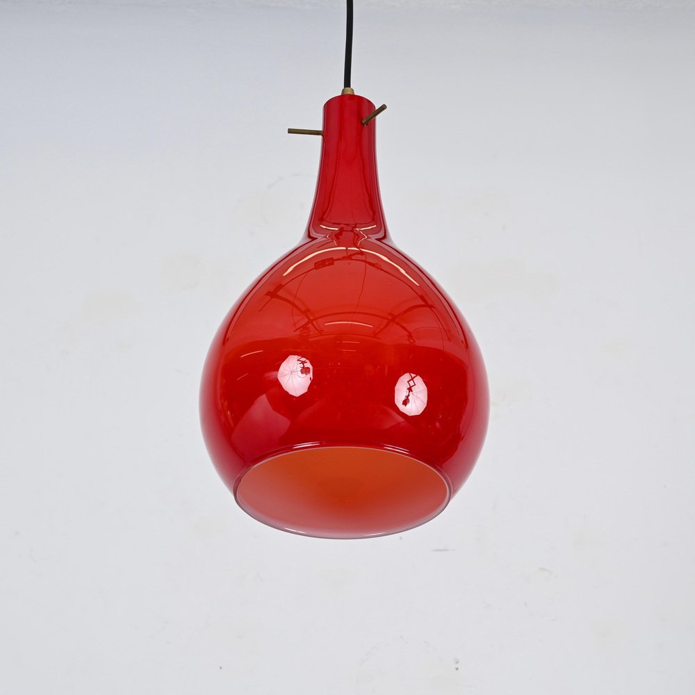 Red Murano Cased Glass and Brass Pendant from Stilnovo, 1950s