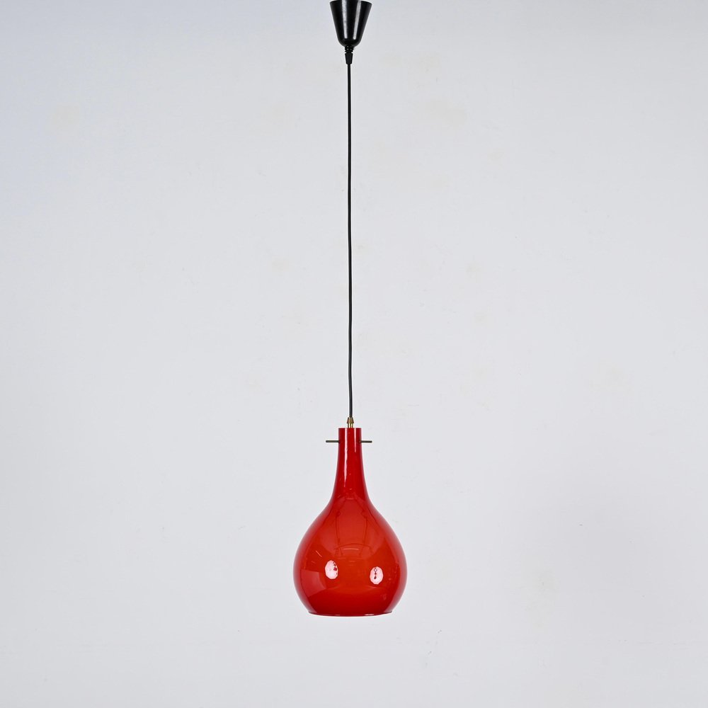 Red Murano Cased Glass and Brass Pendant from Stilnovo, 1950s