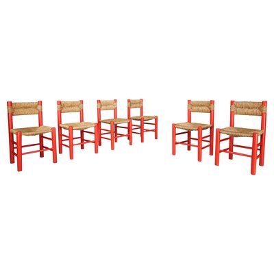 Red Painted Beech and Rush Dining Room Chairs by Charlotte Perriand, 1960s, Set of 6-TRW-1797127