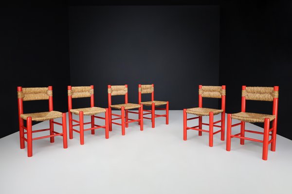 Red Painted Beech and Rush Dining Room Chairs by Charlotte Perriand, 1960s, Set of 6-TRW-1797127