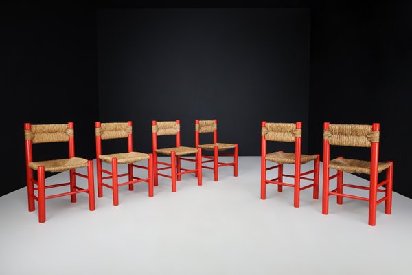 Red Painted Beech and Rush Dining Room Chairs by Charlotte Perriand, 1960s, Set of 6-TRW-1797127