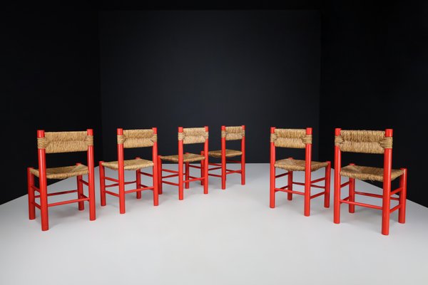 Red Painted Beech and Rush Dining Room Chairs by Charlotte Perriand, 1960s, Set of 6-TRW-1797127