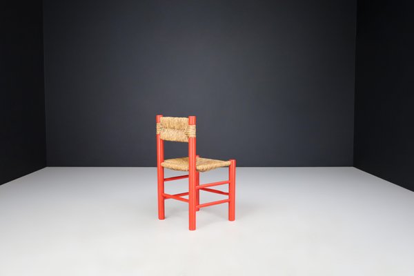 Red Painted Beech and Rush Dining Room Chairs by Charlotte Perriand, 1960s, Set of 6-TRW-1797127