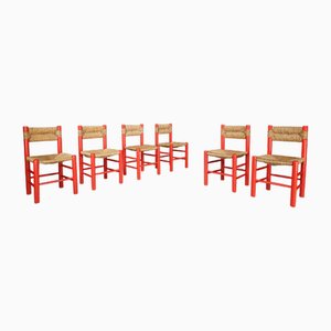 Red Painted Beech and Rush Dining Room Chairs by Charlotte Perriand, 1960s, Set of 6-TRW-1797127