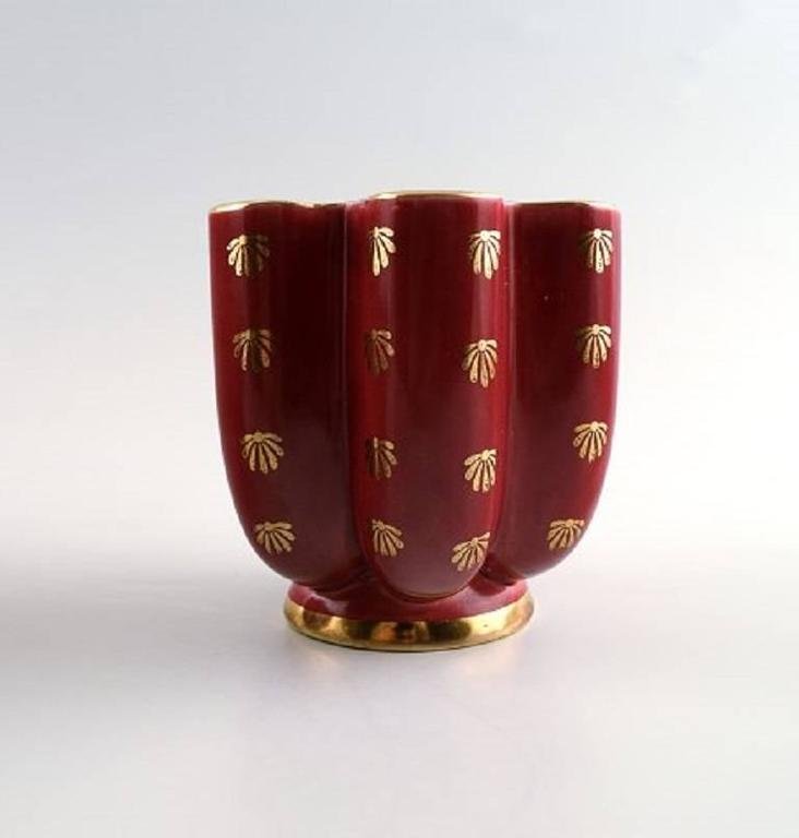 Red Rubin Pottery with Red Glaze with by Gold Upsala-Ekeby for Gefle, 20th Century, Set of 4