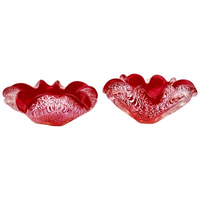 Red Sommerso Murano Glass Bowls with Silver Flecks & Rippled Edge, Set of 2-MJY-1148904