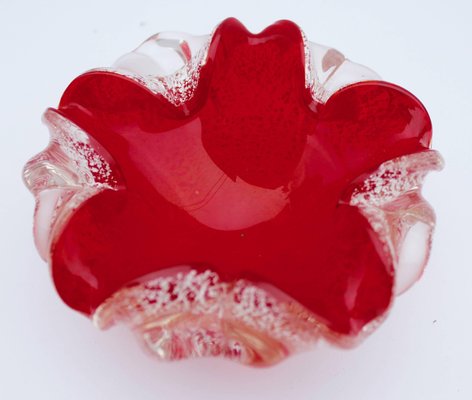 Red Sommerso Murano Glass Bowls with Silver Flecks & Rippled Edge, Set of 2-MJY-1148904