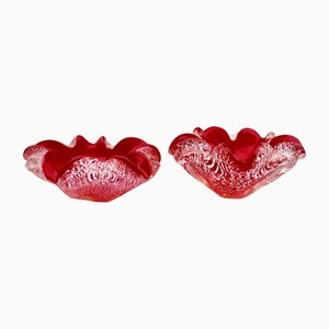 Red Sommerso Murano Glass Bowls with Silver Flecks & Rippled Edge, Set of 2-MJY-1148904