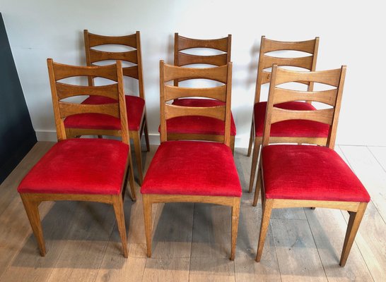 Red Velvet Oak Dining Chairs, Set of 6-BA-1365381