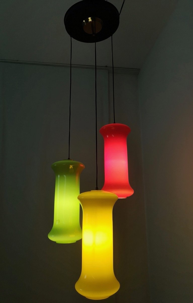 Red, Yellow and Green Three-Light Cased Glass Chandelier attributed to Vistosi, Italy