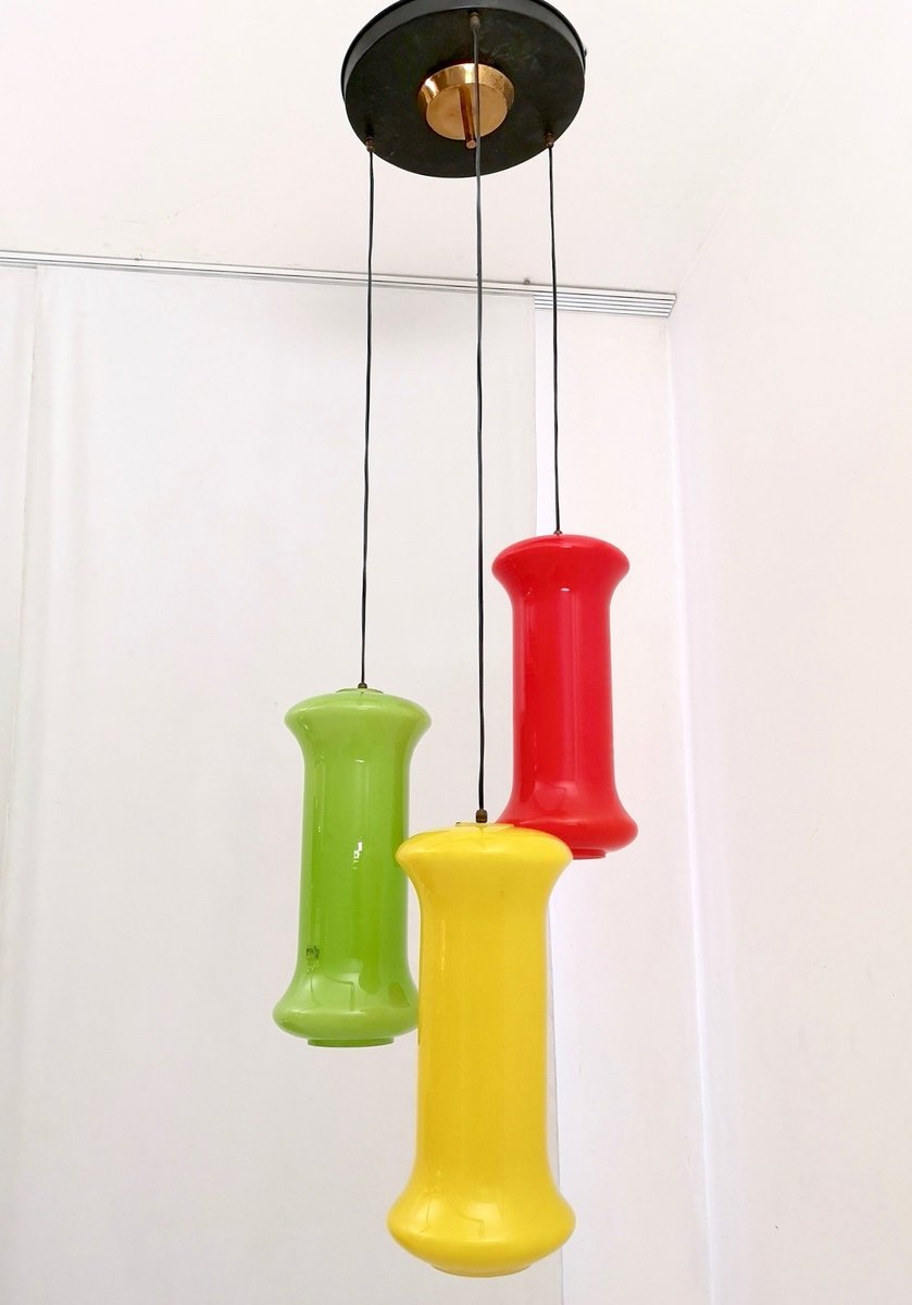 Red, Yellow and Green Three-Light Cased Glass Chandelier attributed to Vistosi, Italy