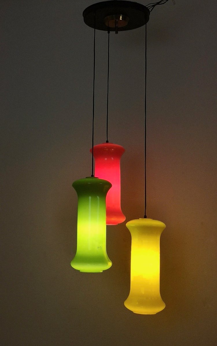 Red, Yellow and Green Three-Light Cased Glass Chandelier attributed to Vistosi, Italy