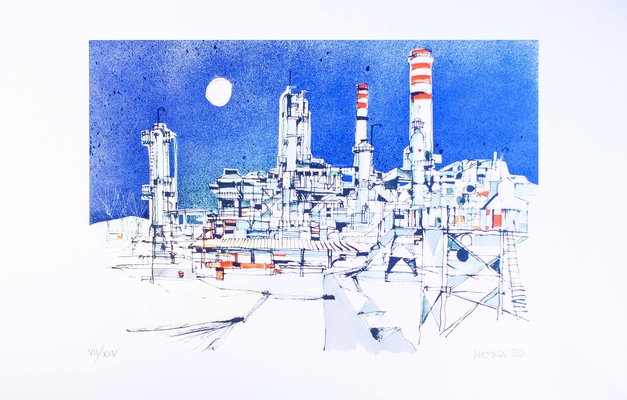 Refinery - Original Color Etching by Giuseppe Megan - 1980-ZCI-755018