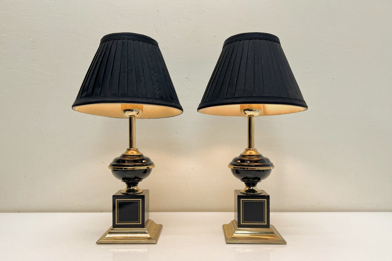 Regency Brass and Black Table Lamps in the style of Le Dauphin, 1970s, Set of 2