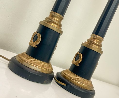 Regency Empire Style Black and Gold Table Lamps, 1970s, Set of 2-WZZ-1766038