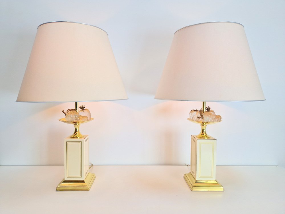 Regency Fruit Bowl Table Lamps in Brass and Crystal from Maison Le Dauphin, 1970s, Set of 2