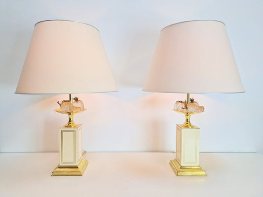 Regency Fruit Bowl Table Lamps in Brass and Crystal from Maison Le Dauphin, 1970s, Set of 2