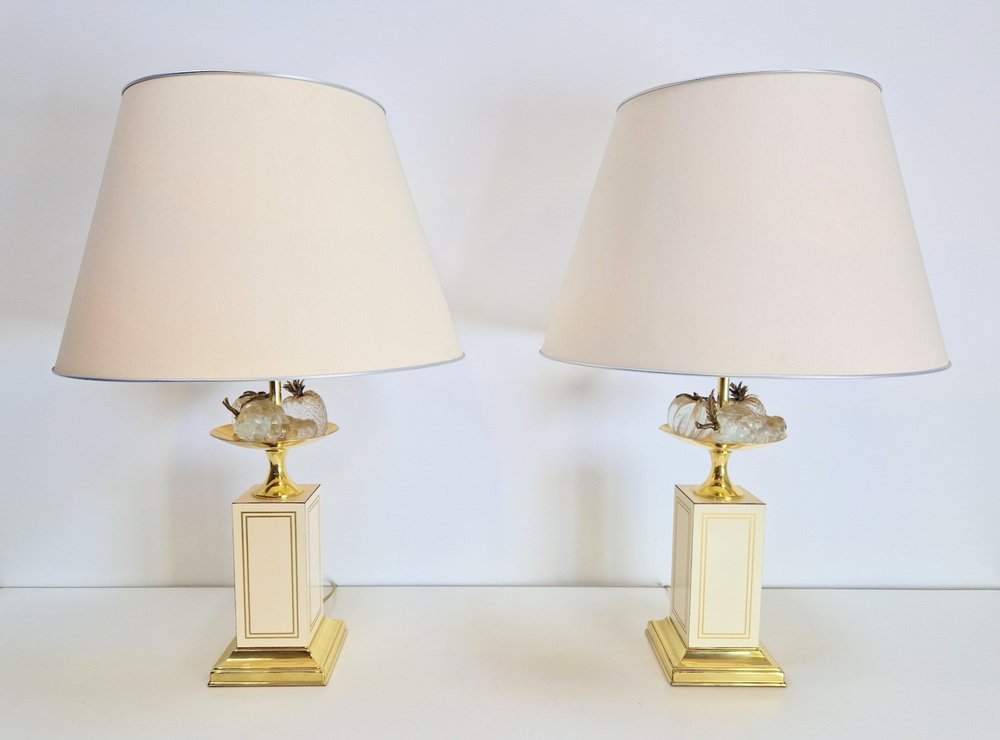 Regency Fruit Bowl Table Lamps in Brass and Crystal from Maison Le Dauphin, 1970s, Set of 2