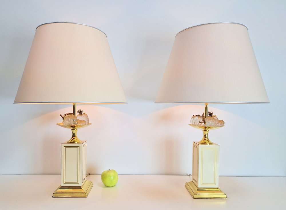 Regency Fruit Bowl Table Lamps in Brass and Crystal from Maison Le Dauphin, 1970s, Set of 2