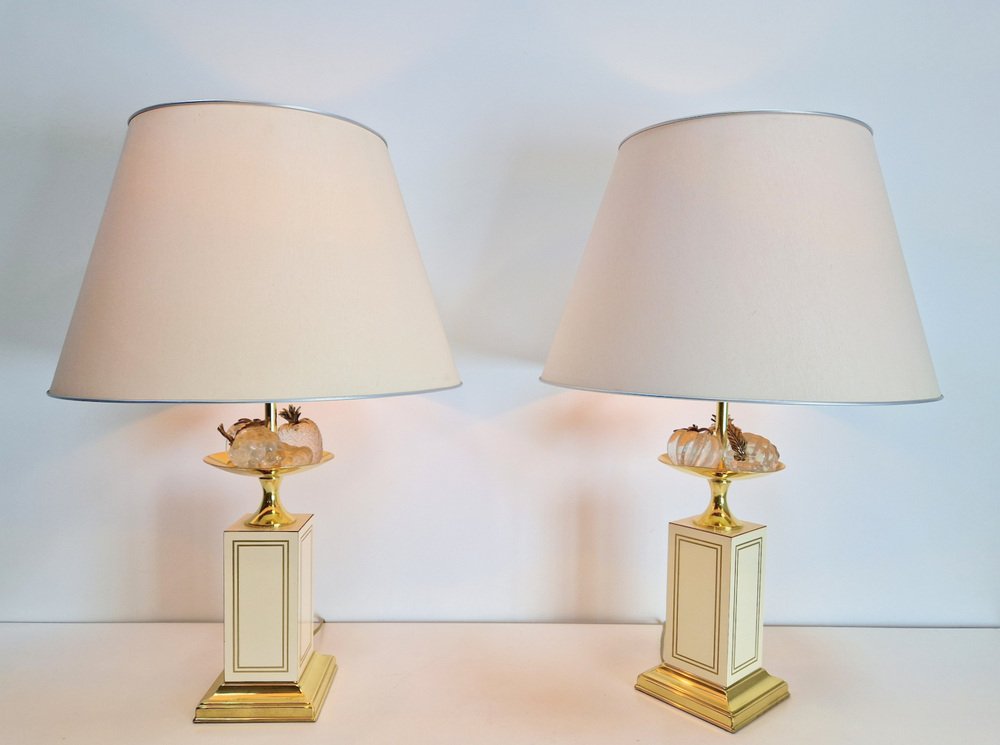 Regency Fruit Bowl Table Lamps in Brass and Crystal from Maison Le Dauphin, 1970s, Set of 2