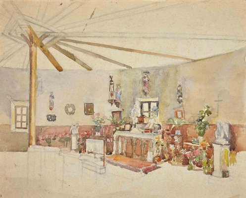 Rémy Hetreau, Interior of the Church, Original Drawing, 1930s-ZCI-1298895