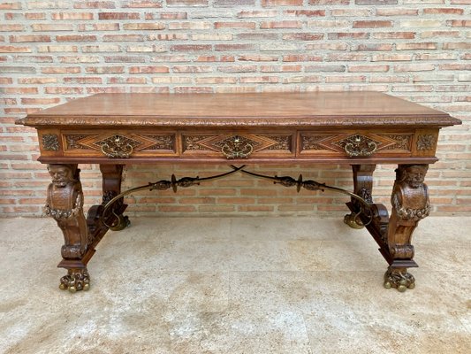 Renaissance Carved Walnut Desk with Three Drawers and Bronze Mounts, 1860s-NOU-1065523