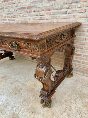 Renaissance Carved Walnut Desk with Three Drawers and Bronze Mounts, 1860s-NOU-1065523